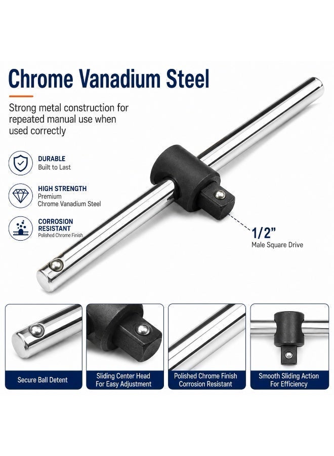 1/2 Inch Drive Sliding T Handle, 9.9 Inch Chrome Vanadium Steel Socket Sliding Bar for Ratchet, Garage, Car Repair, Workshop & DIY - Image 2