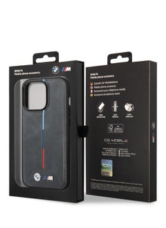 BMW iPhone 14 Pro Case M Collection Quilted PU Back Cover with Hot Stamped Tricolor Stripe and Printed Logo / Accuracy and accessibility / Protect your smartphone in style / Stylish and slim cell phone case - Black  - Image 5