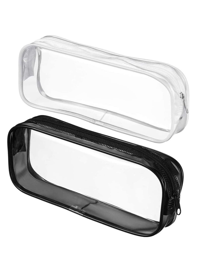 Oasisgalore 2 pcs Clear Zippered Pencil Cases, Black and White, for Girls, School, Exams, Organizer Pouch.  - Image 1