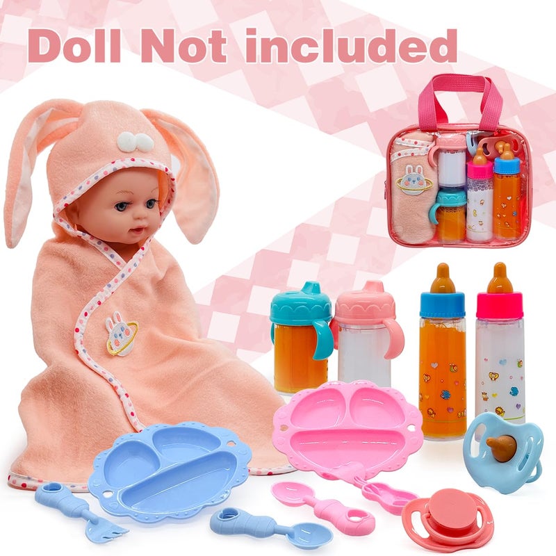 Linkyloop Baby Doll Accessories Magic Bottle Set - 13 Pieces Doll Feeding Pretend Playset with Disappearing Milk & Juice Bottles, Pacifiers Bowl and Bath Towel Doll Bottle Toys set Gift for Kids Girls Ages 3+ - Image 5