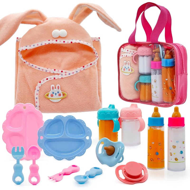 Linkyloop Baby Doll Accessories Magic Bottle Set - 13 Pieces Doll Feeding Pretend Playset with Disappearing Milk & Juice Bottles, Pacifiers Bowl and Bath Towel Doll Bottle Toys set Gift for Kids Girls Ages 3+ - Image 1