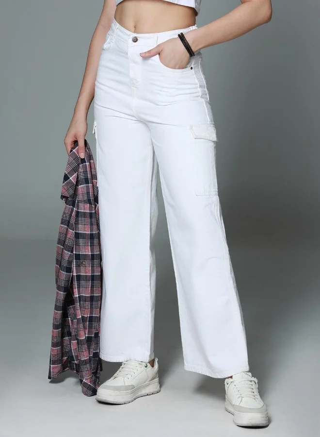 HIGH STAR Women's Ecru 100% Cotton Bleached Full Length Cargo Baggy Jeans
