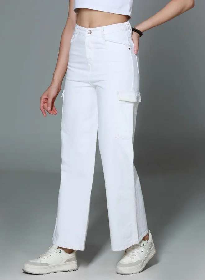 HIGH STAR Women's Ecru 100% Cotton Bleached Full Length Cargo Baggy Jeans