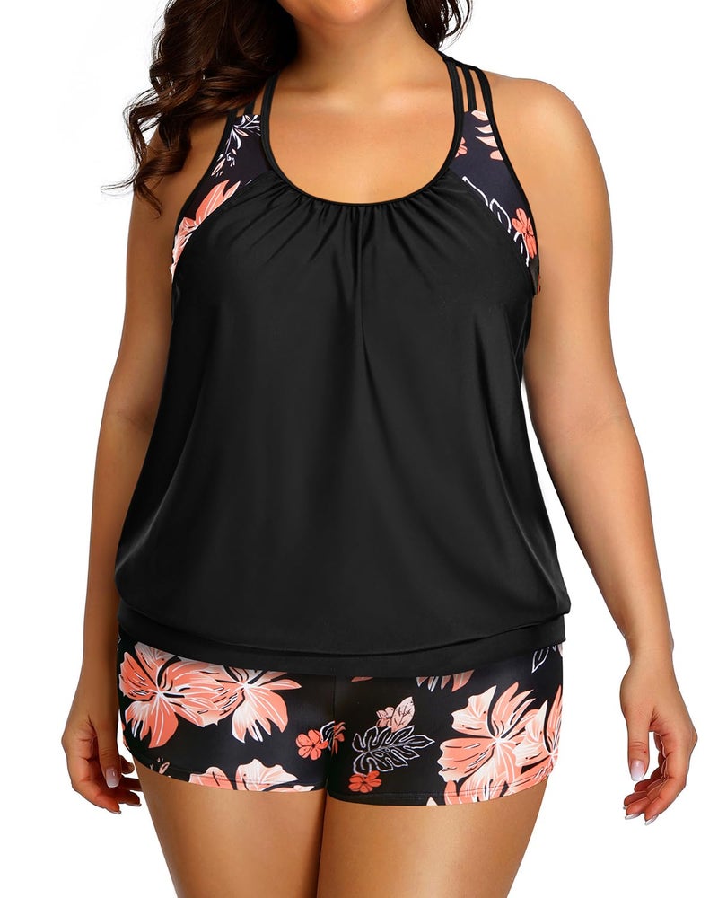 Holipick Floral Plus Size Tankini Swimsuit for Women Two Piece Tummy Control Bathing Suit Blouson Racerback Tankini Top with Shorts 20W - Image 3