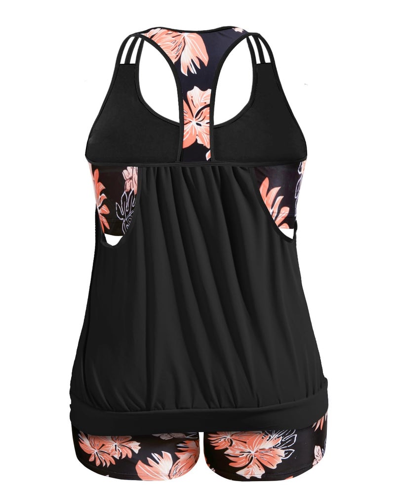 Holipick Floral Plus Size Tankini Swimsuit for Women Two Piece Tummy Control Bathing Suit Blouson Racerback Tankini Top with Shorts 20W - Image 2