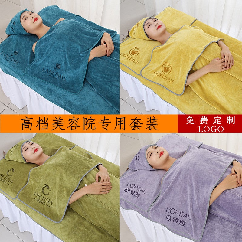 Beauty Salon Printed Logo Hook And Loop Turban Towel Bath Towel Hole Bed-Making Bath Skirt Pedicure Microfiber Set - Image 2