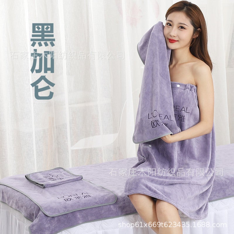 Beauty Salon Printed Logo Hook And Loop Turban Towel Bath Towel Hole Bed-Making Bath Skirt Pedicure Microfiber Set - Image 3