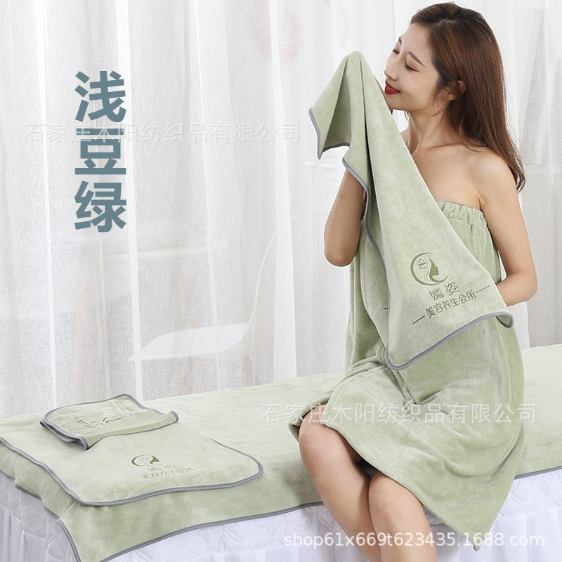 Beauty Salon Printed Logo Hook And Loop Turban Towel Bath Towel Hole Bed-Making Bath Skirt Pedicure Microfiber Set - Image 4