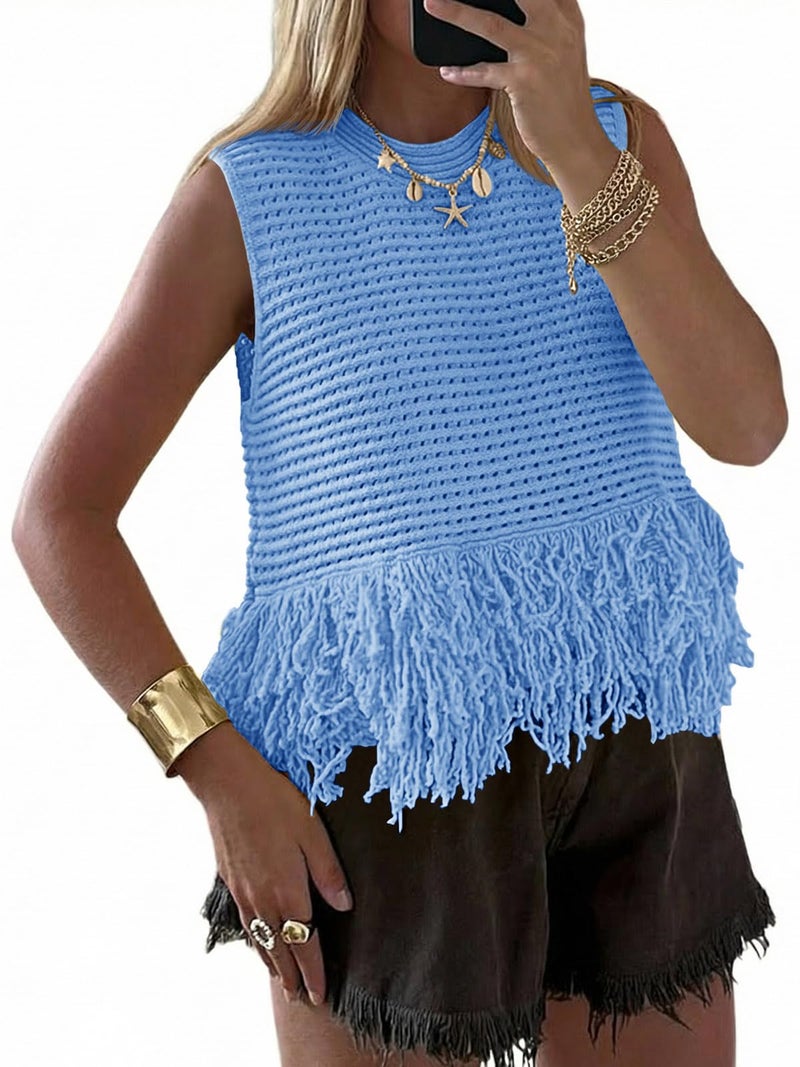 Saodimallsu Womens Crochet Crop Tank Tops Sleeveless Fringe Crew Neck Trendy Boho Knit Summer Sweater Vest Blue - Image 1
