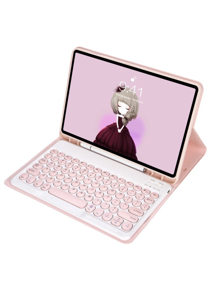 YT07B لجهاز iPad Air (2013)/Air 2/iPad 9.7 بوصة (2017)/(2018)/iPad Pro 9.7 بوصة (2016) جراب واقٍ مزود بمفاتيح دائرية ولوحة مفاتيح متوافقة مع البلوتوث وحامل مقاوم للصدمات وغطاء جلدي مع فتحة للقلم - وردي - Image 1
