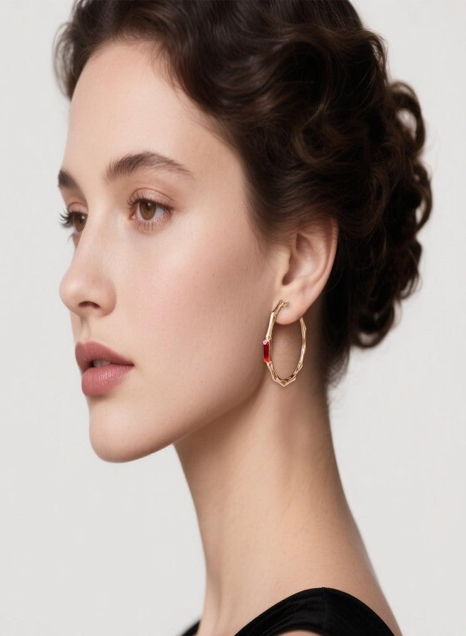 إيفيفك أقراط إيفيفيك النمساوية الكريستالية خفيفة الوزن من الخيزران مطلية بالذهب للنساء، مطلية بالذهب الوردي عيار 14 قيراط، مضادة للحساسية، هدية مجوهرات (أحمر) - Image 2