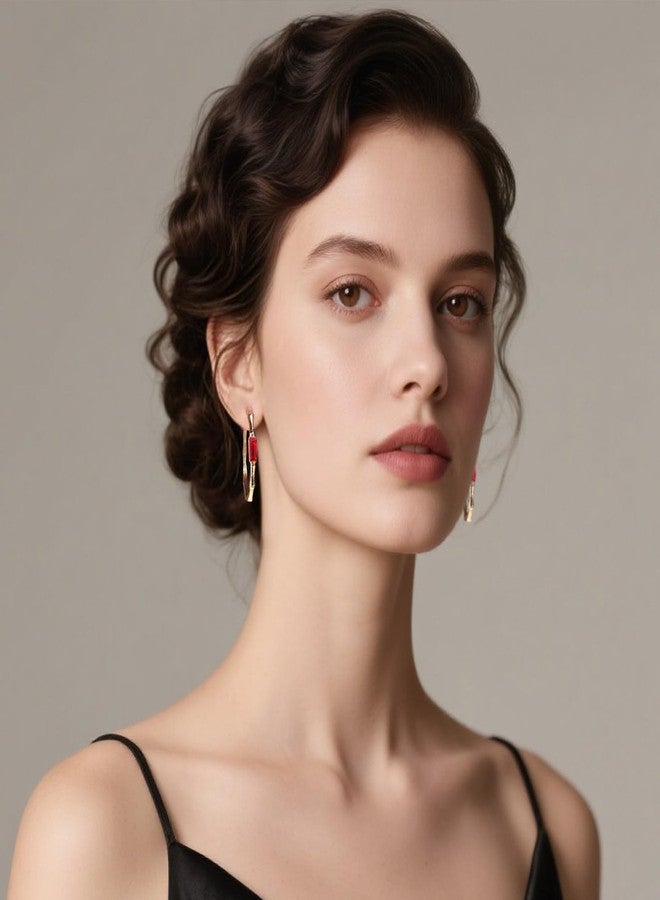 إيفيفك أقراط إيفيفيك النمساوية الكريستالية خفيفة الوزن من الخيزران مطلية بالذهب للنساء، مطلية بالذهب الوردي عيار 14 قيراط، مضادة للحساسية، هدية مجوهرات (أحمر) - Image 5