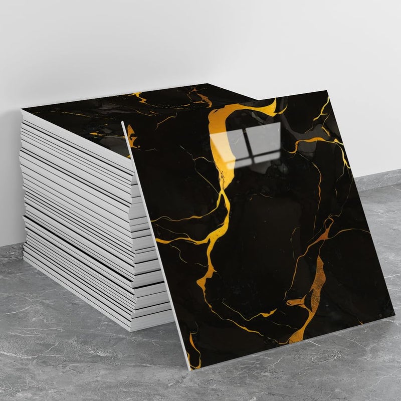 LVSHI 20pcs Marble Peel and Stick Waterproof PVC Shower Wall Panels Bathroom Backsplash Tile Stick on Wall for Bedoom, Kitchen 11.8"x11.8" (Black-Gold,19.4 Sq.Ft.) - Image 1