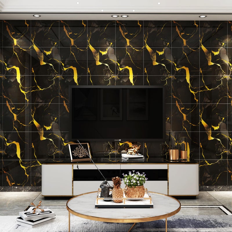 LVSHI 20pcs Marble Peel and Stick Waterproof PVC Shower Wall Panels Bathroom Backsplash Tile Stick on Wall for Bedoom, Kitchen 11.8"x11.8" (Black-Gold,19.4 Sq.Ft.) - Image 2