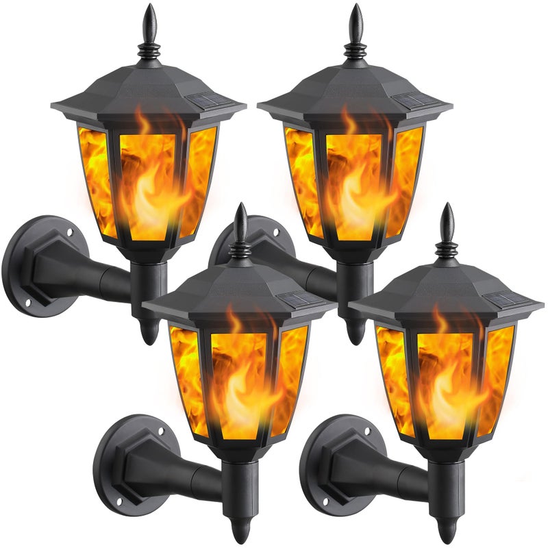 Dynaming 4 Pack Solar Flame Wall Lanterns Outdoor, Solar Powered Wall Mounted Sconce Lights, Flickering Flame LED Lights Auto On/Off Wall Hanging Lights, Waterproof for Garage Stair Patio Porch Yard - Image 1