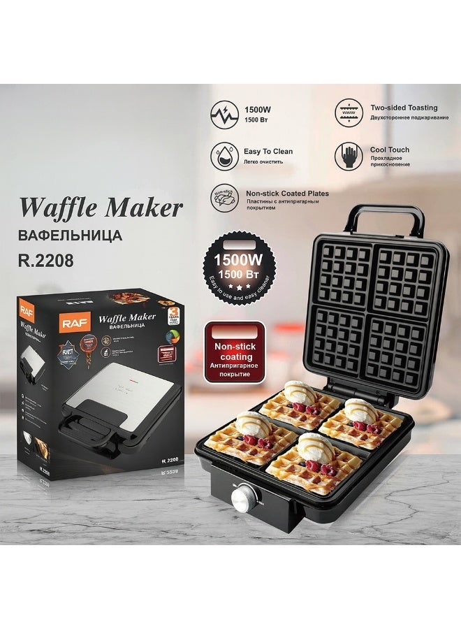 آر إيه أف صانعة الوافل RAF R.2208 – ١٥٠٠ واط | مكواة وافل غير لاصقة تتسع لأربع شرائح | تحميص من الجهتين | تحكم تلقائي في درجة الحرارة | سهلة التنظيف | مقبض بارد الملمس - Image 1