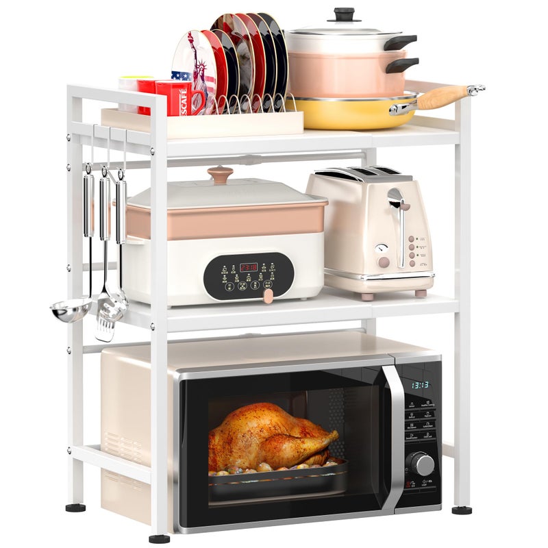PUSDON Microwave Oven Rack, Adjustable Shelf Organizer 3-Tiers with 3 Hooks, & 160lbs Capacity for Kitchen Counter, White - Image 1