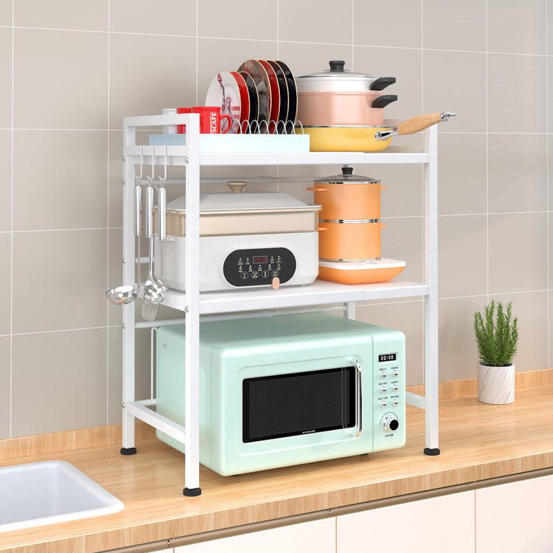 PUSDON Microwave Oven Rack, Adjustable Shelf Organizer 3-Tiers with 3 Hooks, & 160lbs Capacity for Kitchen Counter, White - Image 3