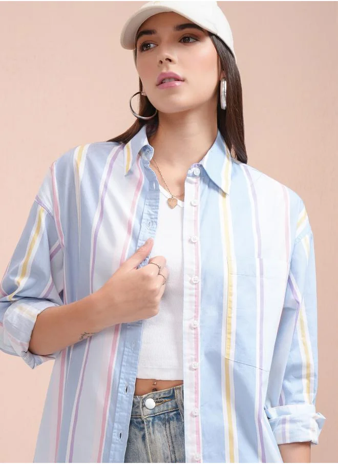 Tokyo Talkies Opaque Striped Longline Casual Shirt