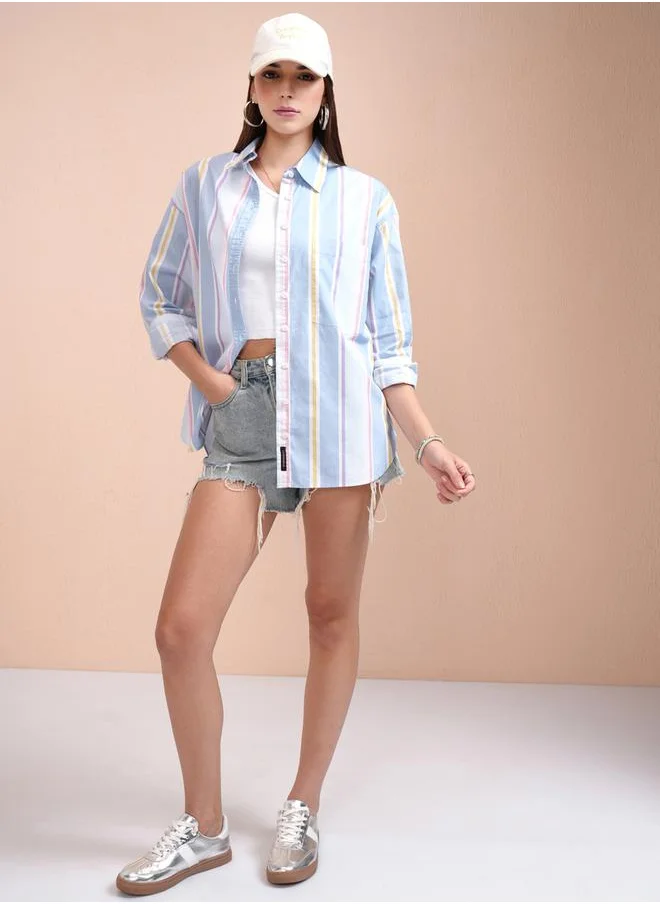 طوكيو توكيز Opaque Striped Longline Casual Shirt