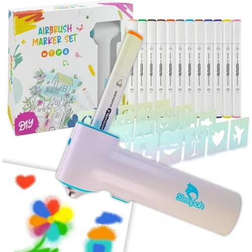 Sleepah Air Brush Marker Set for Kids Includes 12 Washable Markers 20 Stencils Gift for Ages 5 6 7 8 9 Years Old - Great Arts & Crafts Set - Image 1