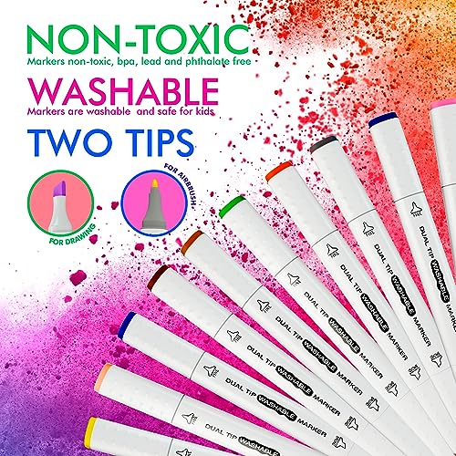 Sleepah Air Brush Marker Set for Kids Includes 12 Washable Markers 20 Stencils Gift for Ages 5 6 7 8 9 Years Old - Great Arts & Crafts Set - Image 2