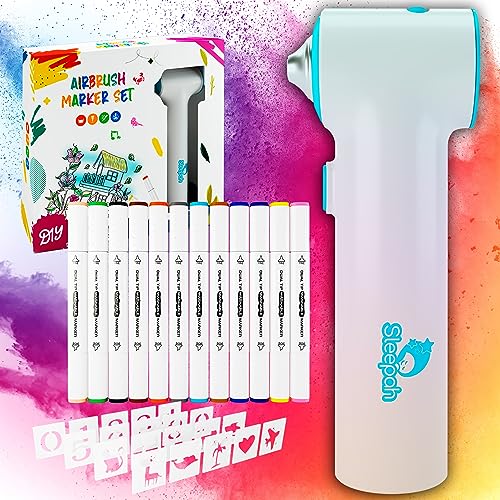 Sleepah Air Brush Marker Set for Kids Includes 12 Washable Markers 20 Stencils Gift for Ages 5 6 7 8 9 Years Old - Great Arts & Crafts Set - Image 4
