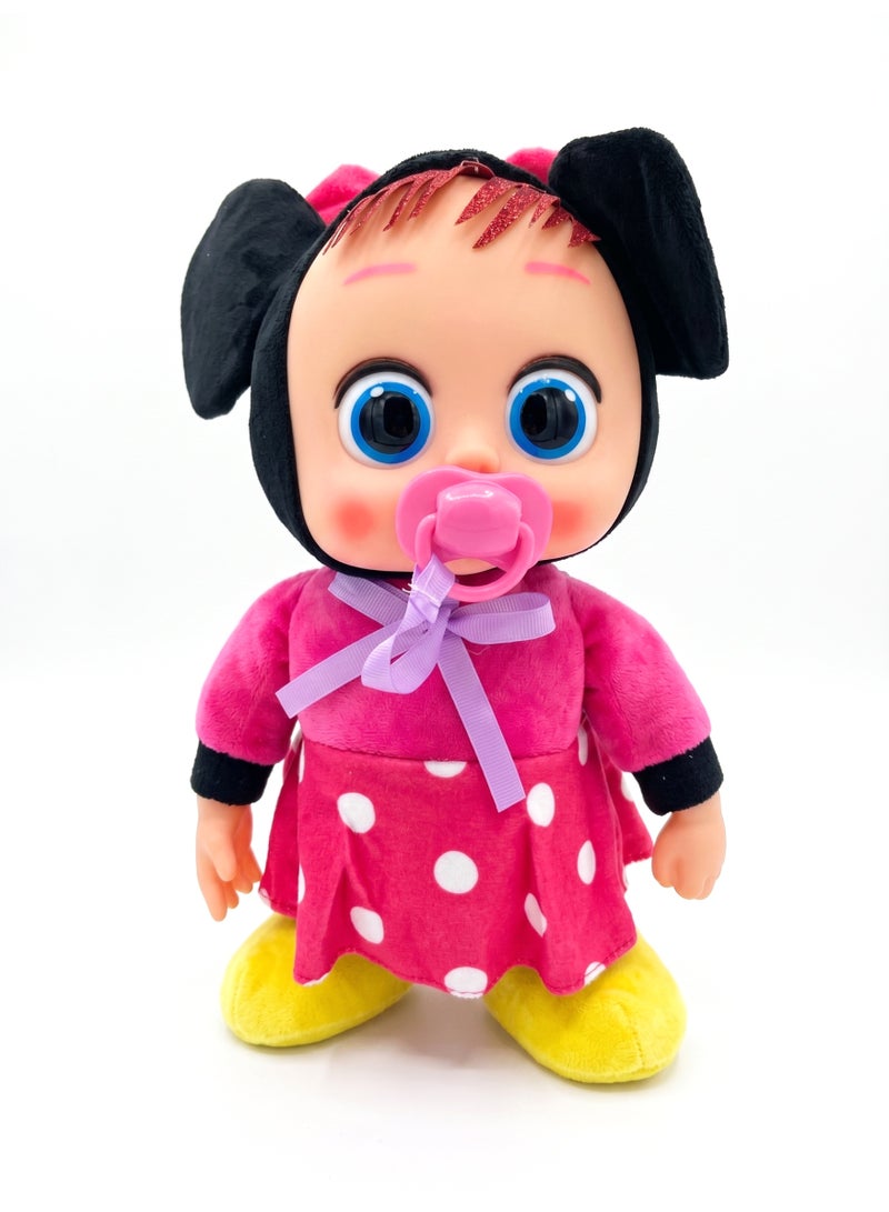 REZZOSS Interactive Plush Baby Doll – 35cm Soft Stuffed Toy Cries on Pacifier Removal & Sings Sweet Songs | 360 Degree Rotating & Dancing Pink Mouse Doll for Toddlers | Perfect Birthday, Christmas & Eid Gift for Girls & Toddlers Ages 18m+ - Image 1