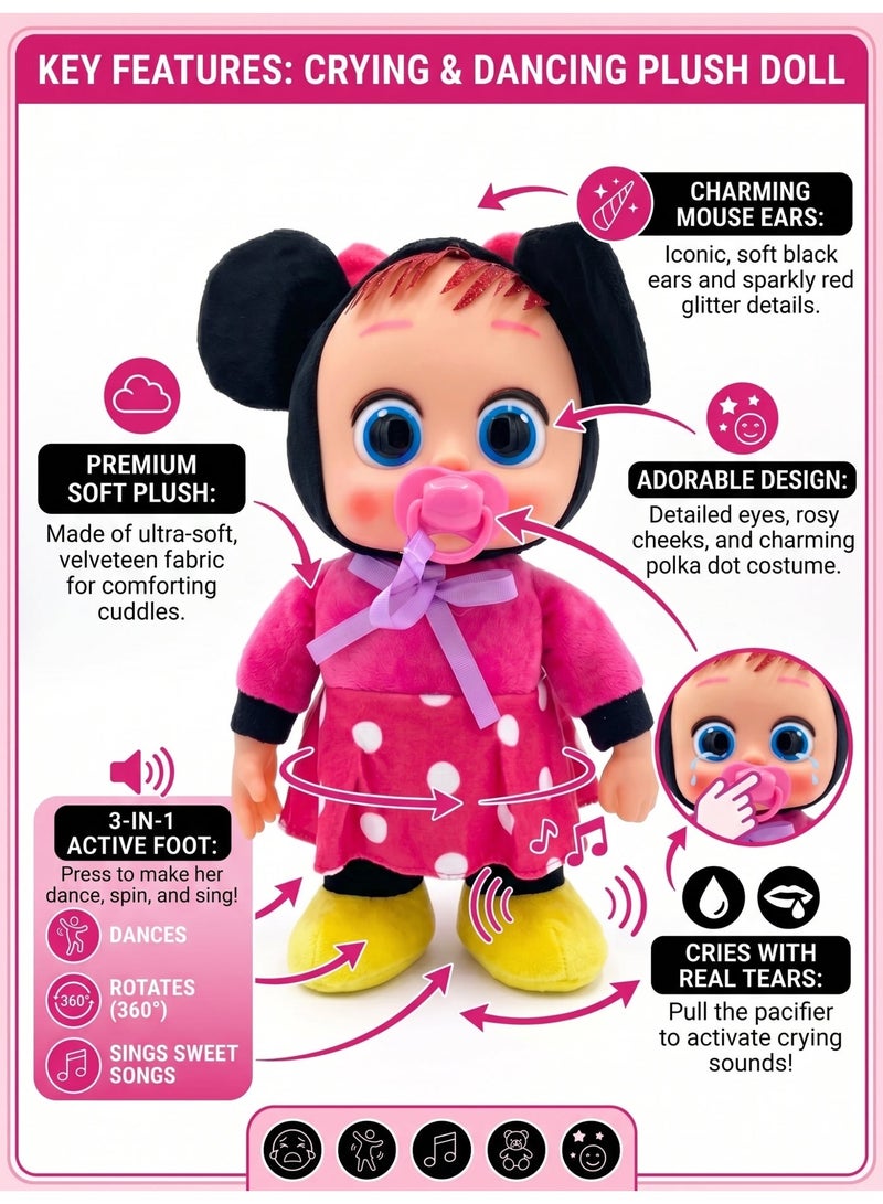 REZZOSS Interactive Plush Baby Doll – 35cm Soft Stuffed Toy Cries on Pacifier Removal & Sings Sweet Songs | 360 Degree Rotating & Dancing Pink Mouse Doll for Toddlers | Perfect Birthday, Christmas & Eid Gift for Girls & Toddlers Ages 18m+ - Image 2