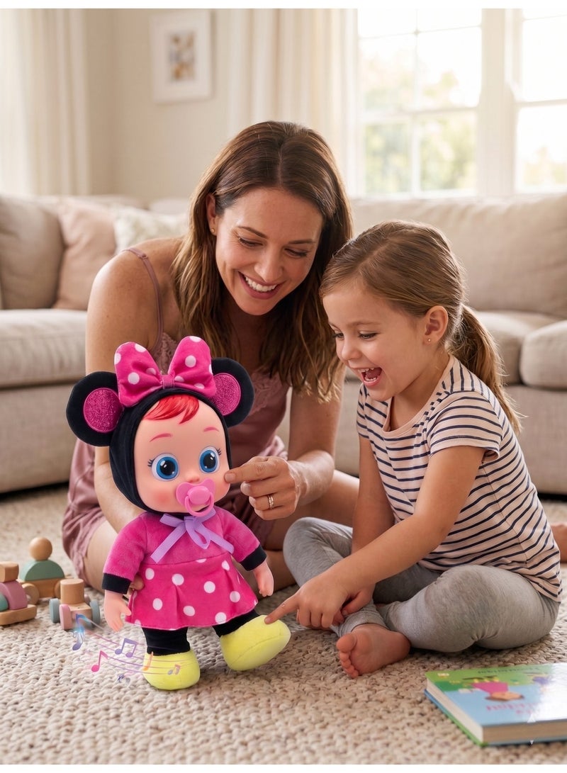REZZOSS Interactive Plush Baby Doll – 35cm Soft Stuffed Toy Cries on Pacifier Removal & Sings Sweet Songs | 360 Degree Rotating & Dancing Pink Mouse Doll for Toddlers | Perfect Birthday, Christmas & Eid Gift for Girls & Toddlers Ages 18m+ - Image 5