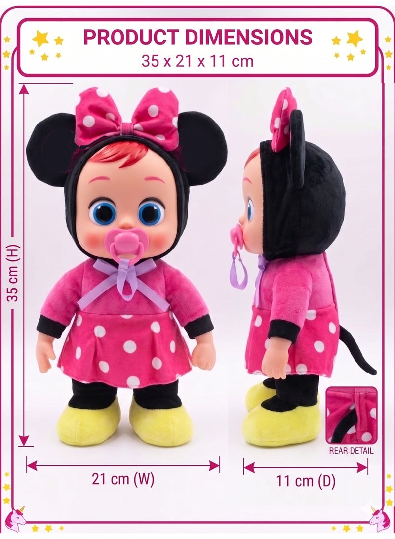 REZZOSS Interactive Plush Baby Doll – 35cm Soft Stuffed Toy Cries on Pacifier Removal & Sings Sweet Songs | 360 Degree Rotating & Dancing Pink Mouse Doll for Toddlers | Perfect Birthday, Christmas & Eid Gift for Girls & Toddlers Ages 18m+ - Image 4