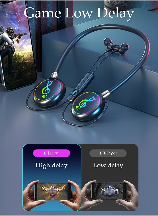 DUNISO Neckband Bluetooth Headphones Waterproof RGB Ligh HiFi Deep Gym Headset with Digital Display Microphone for Phone Call Music Sports Foldable Bluetooth V5.3 Headset  - Image 4