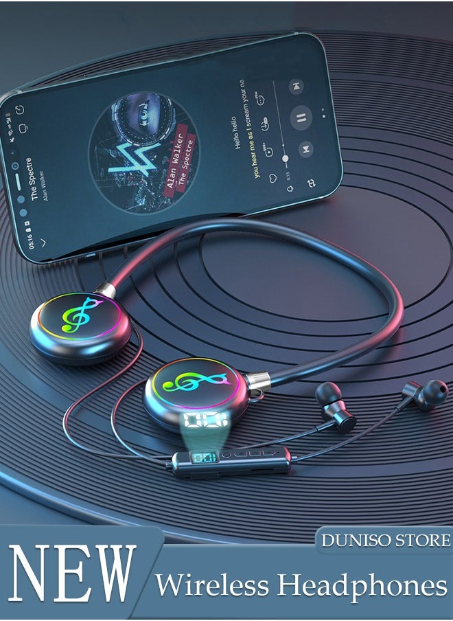 DUNISO Neckband Bluetooth Headphones Waterproof RGB Ligh HiFi Deep Gym Headset with Digital Display Microphone for Phone Call Music Sports Foldable Bluetooth V5.3 Headset  - Image 1