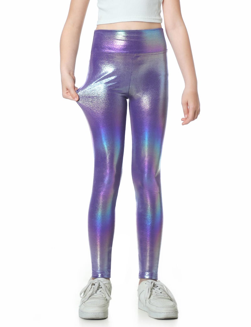Gnainach Girls Active Leggings Size 10-11 Years Holographic Purple Elastic Durable Shiny Metallic Pants for Kids Yoga Gymnastics - Image 3