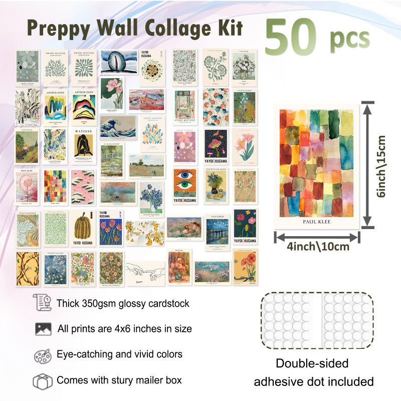 KBKBART Eclectic Wall Decor, 50Pcs Eclectic Wall Art Prints, Colorful Maximalist Decor Boho Gallery Wall Collage Kit, Vintage Famous Artists Painting Pictures Aesthetic Poster for Funky Room Decor, Home Decor for Bedroom Dorm - Image 2