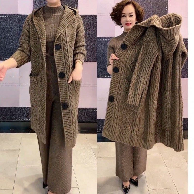2024 New Heavy Industry Jacquard Twist Sweater Outer Wear Cardigan Mid-Length Large Pocket Hooded Knitted Jacket - Image 2