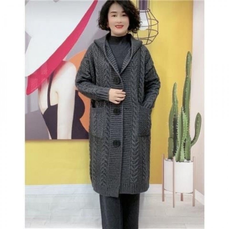 2024 New Heavy Industry Jacquard Twist Sweater Outer Wear Cardigan Mid-Length Large Pocket Hooded Knitted Jacket - Image 4