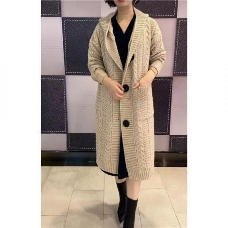 2024 New Heavy Industry Jacquard Twist Sweater Outer Wear Cardigan Mid-Length Large Pocket Hooded Knitted Jacket - Image 3