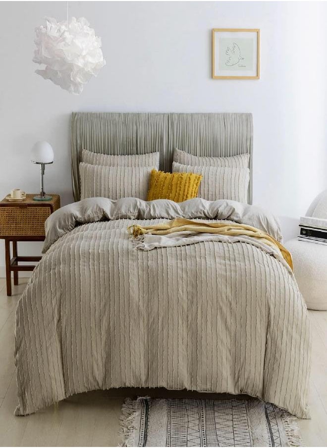 JELLYMONI JELLYMONI Khaki Duvet Cover Twin Size - 3PCS Microfiber Tufted Duvet Cover Set, Boho Striped Tufted Textured Duvet Cover with Corner Ties & Zipper Closure 