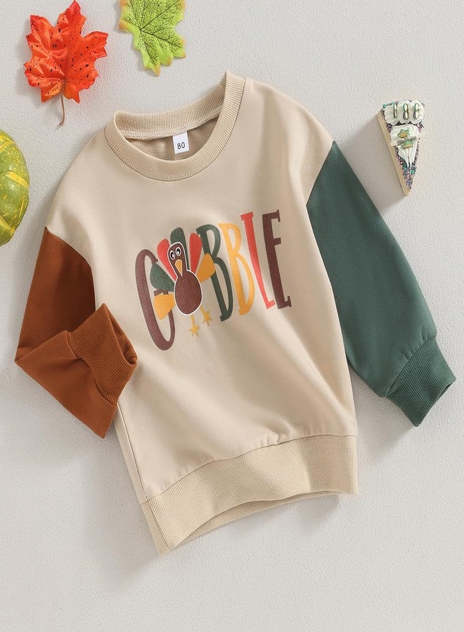 YINGISFITM Thanksgiving Baby Girl Boy Outfit Toddler Gobble Crewneck Sweatshirt Long Sleeve Shirt Turkey Clothes Winter Fall (Gobble block sleeve,12-18 Months) - Image 3