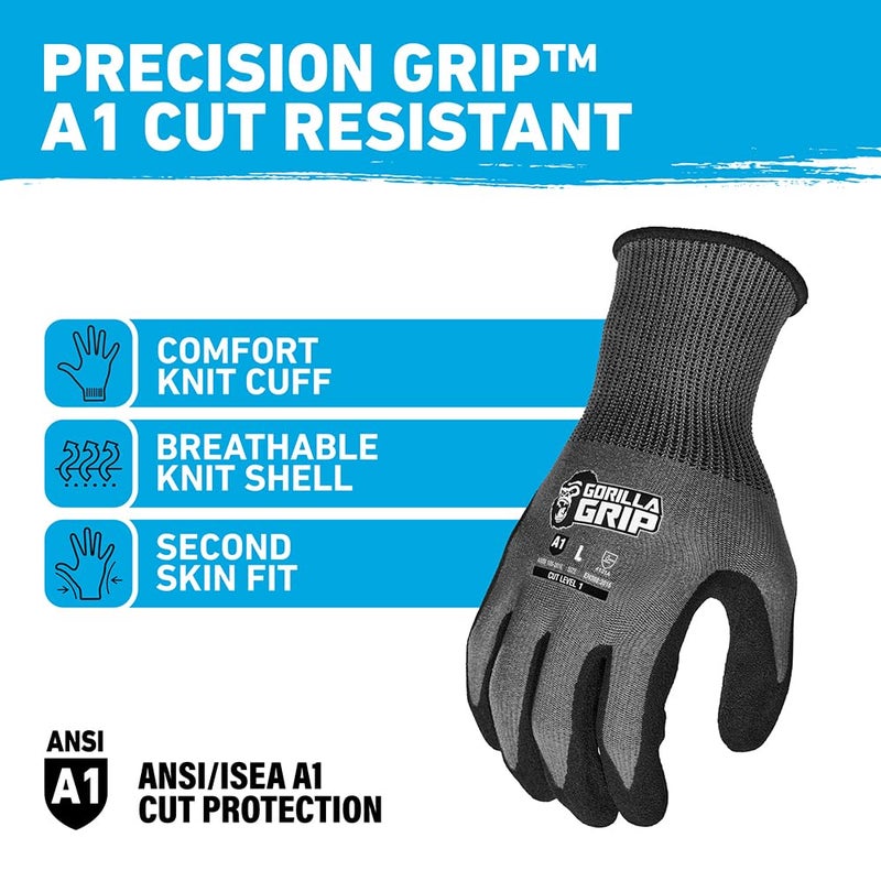 Gorilla Grip A1 Precision Grip Cut Resistant Work Gloves - Small, Grey - Image 2
