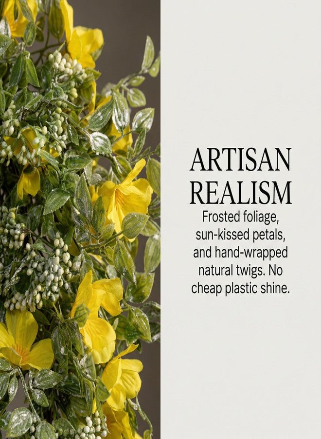 إكليل ربيعي من زيموبانغ مقاس 22 بوصة مع ذيل متدلي للباب الأمامي، مصنوع من زهور فورسيثيا حريرية صفراء نابضة بالحياة وتصميم خضرة متدلية على قاعدة من أغصان العنب الطبيعية، ديكور ريفي لمنزل ريفي - Image 4