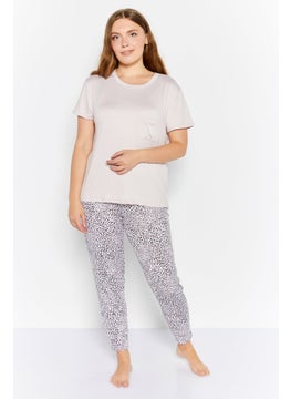 Women 2 Piece Animal Print Pajamas Top And Bottom Set, Light Pink Combo