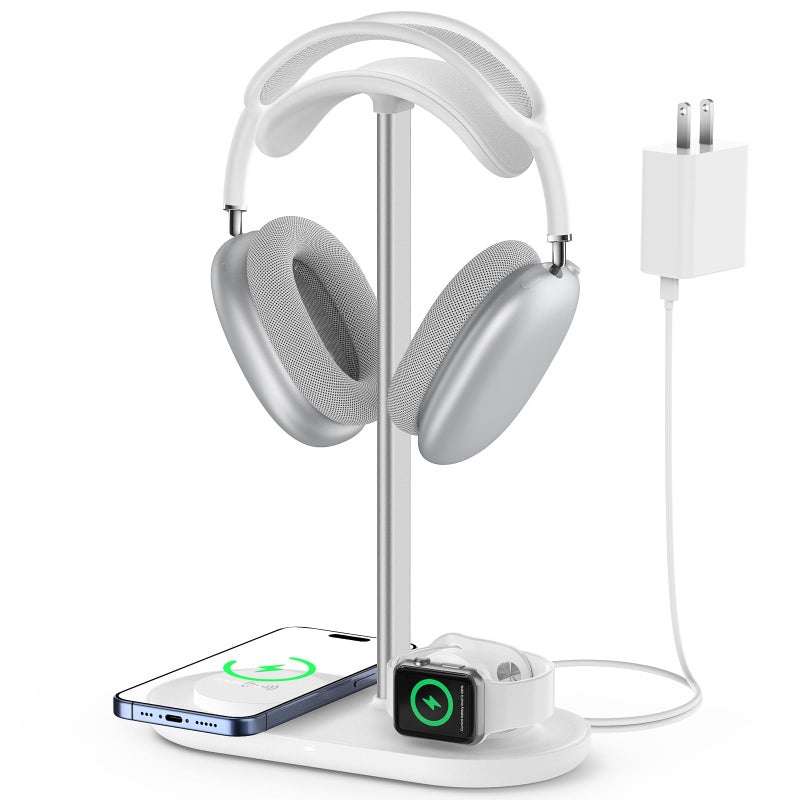 HiWe Universal Headphone Stand, Magnetic Wireless Charger for iPhones/AirPods/iWatch, Aluminum Alloy Rod, Leather Pad, ABS Solid Base, White - Image 1
