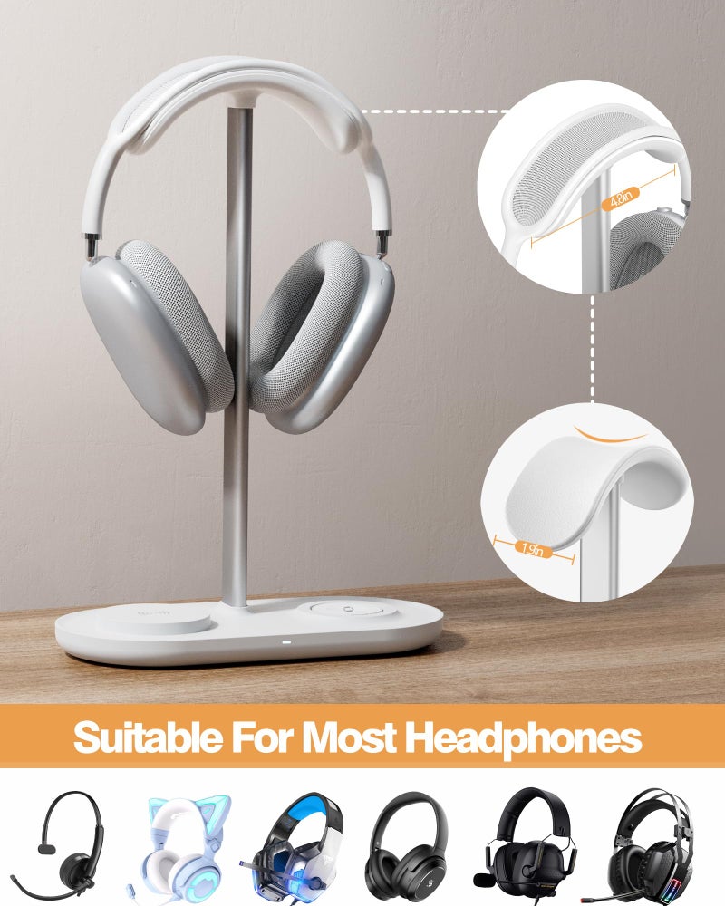 HiWe Universal Headphone Stand, Magnetic Wireless Charger for iPhones/AirPods/iWatch, Aluminum Alloy Rod, Leather Pad, ABS Solid Base, White - Image 2