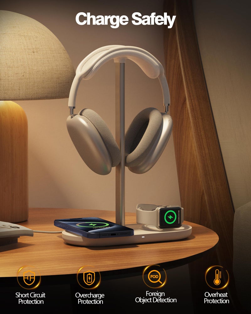 HiWe Universal Headphone Stand, Magnetic Wireless Charger for iPhones/AirPods/iWatch, Aluminum Alloy Rod, Leather Pad, ABS Solid Base, White - Image 4