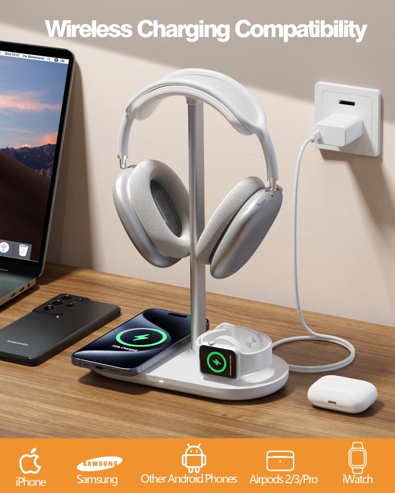 HiWe Universal Headphone Stand, Magnetic Wireless Charger for iPhones/AirPods/iWatch, Aluminum Alloy Rod, Leather Pad, ABS Solid Base, White - Image 3
