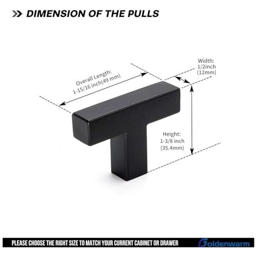 Goldenwarm 5 Pack Black Square T Bar Single Hole Knobs Cabinet Pull Drawer Handles Stainless Steel Modern Hardware for Kitchen and Bathroom Cabinets Cupboard Kitchen Cabinet Knobs - Image 2
