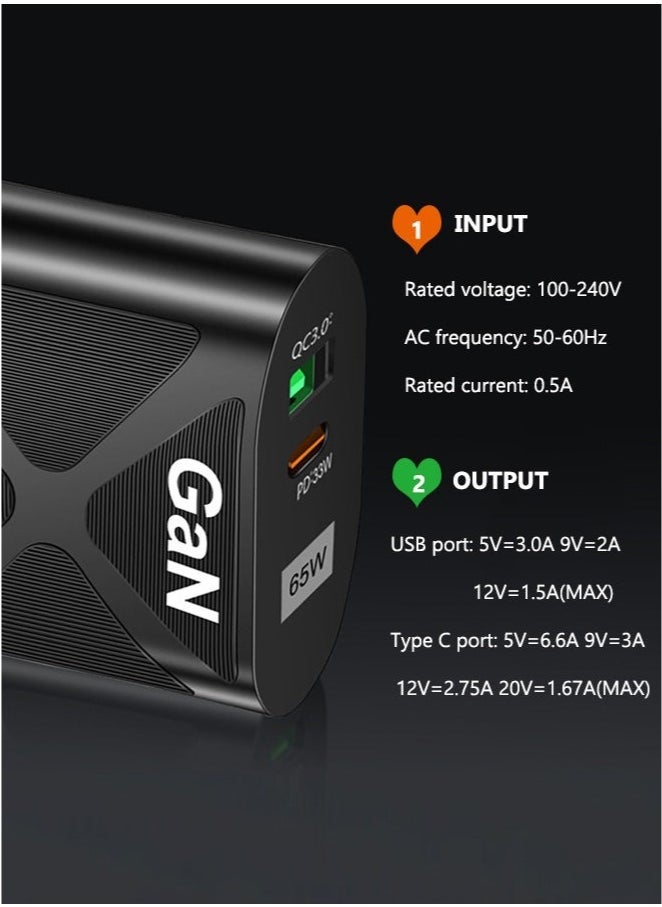 ايسكوت - شاحن حائط سريع 65 واط PD GaN، محول طاقة بمقبس USB 2 في 1، كتلة شاحن نوع C، يدعم محطة الشحن السريع PPS، متوافق مع ماك بوك، ايفون 14/13، ايباد، جالكسي S23/S22 الترا، أسود - Image 1