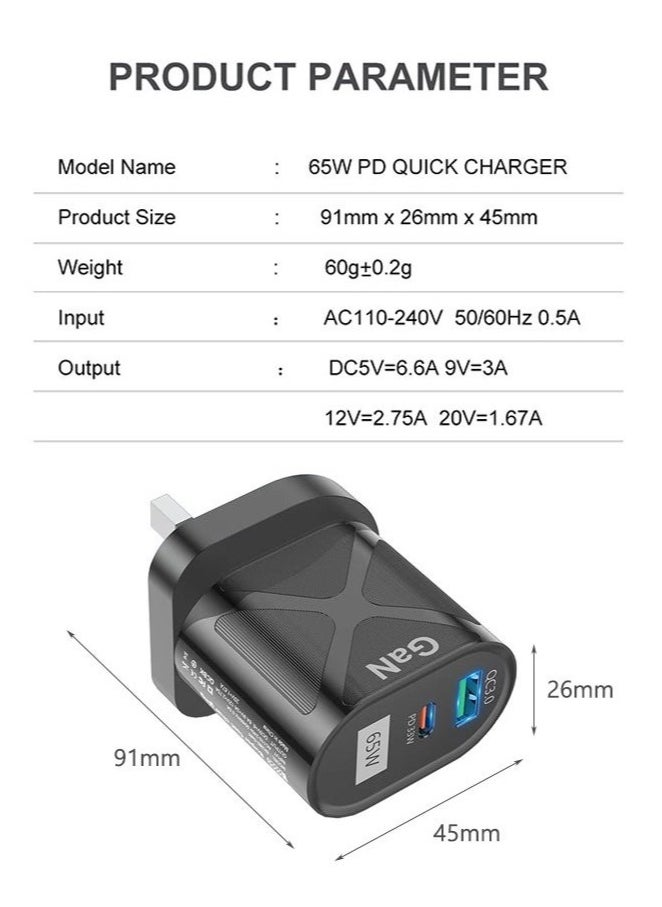 ايسكوت - شاحن حائط سريع 65 واط PD GaN، محول طاقة بمقبس USB 2 في 1، كتلة شاحن نوع C، يدعم محطة الشحن السريع PPS، متوافق مع ماك بوك، ايفون 14/13، ايباد، جالكسي S23/S22 الترا، أسود - Image 1